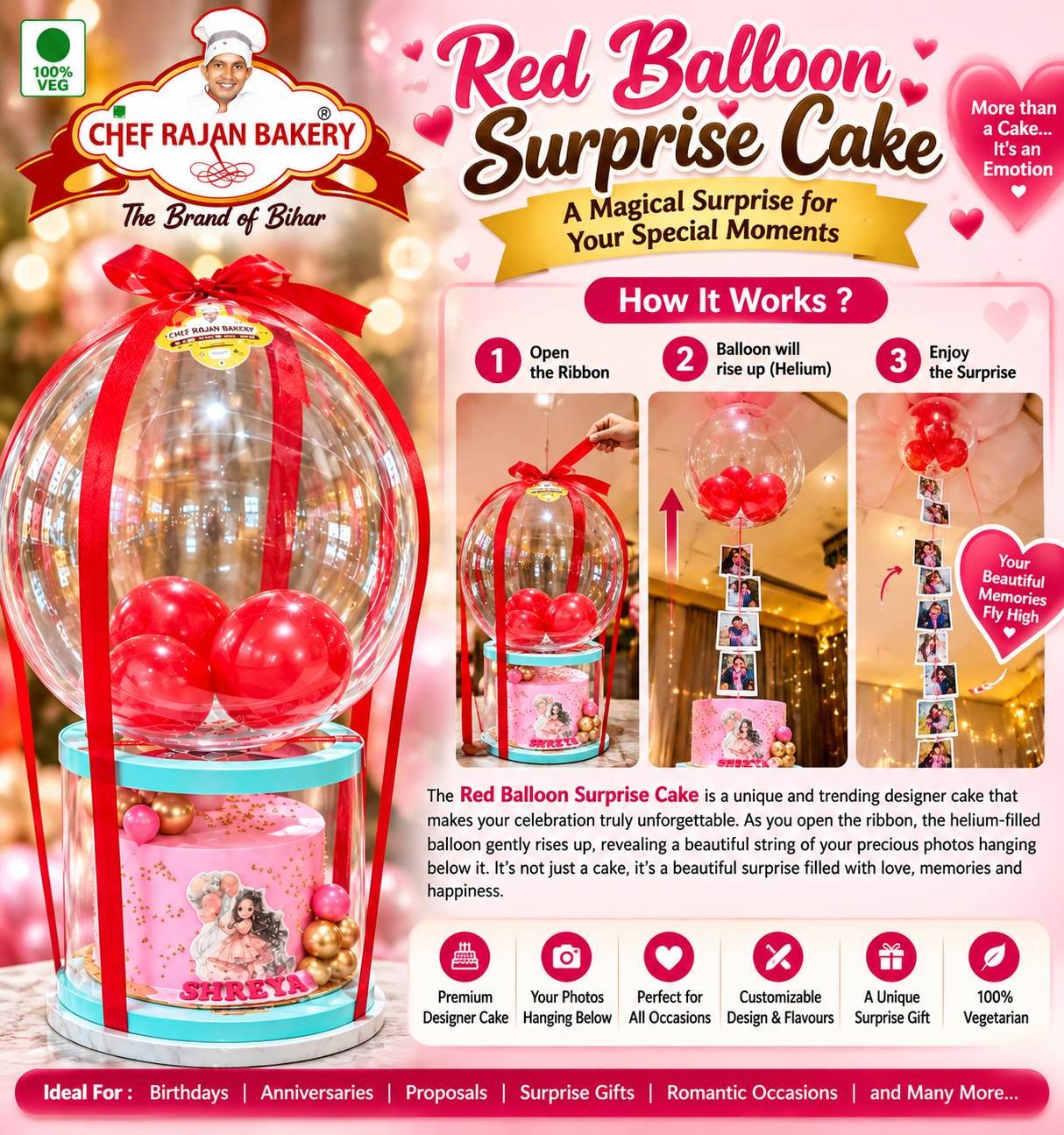 Red Balloon Surprise Cake  1 kg 500 gm 